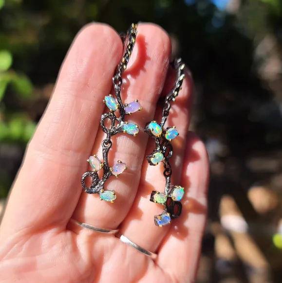 6 Opal floral vine drop sterling rhodium & gold Earrings STUNNING! - Picture 3 of 6